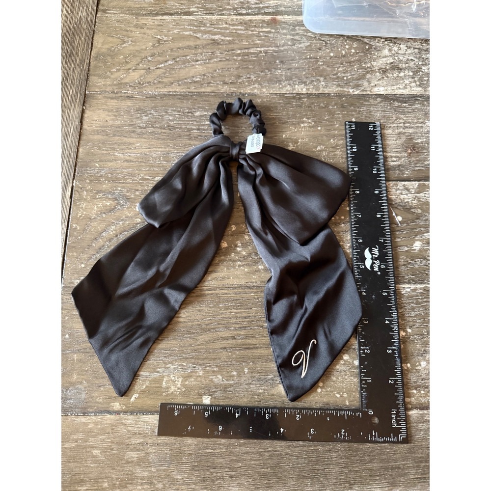 Victorias Secret Black Satin Bow Scrunchie Hair Tie Sample V Logo Embroidered